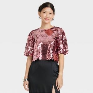 NWT Women's Short Sleeve Paillettes - A New Day Large Pink Sequin Cropped top